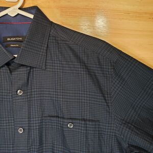 Bugatchi Men’s Classic Fit Dress Shirt M Blue Small Check 100% Cotton